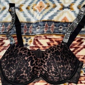 Victoria's Secret Black and Pink Lace Bra with Rhinestone Straps